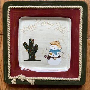 • Sonoma Happy Trails Holiday Western Cowboy Snowman Square Dinner Plate 11x11